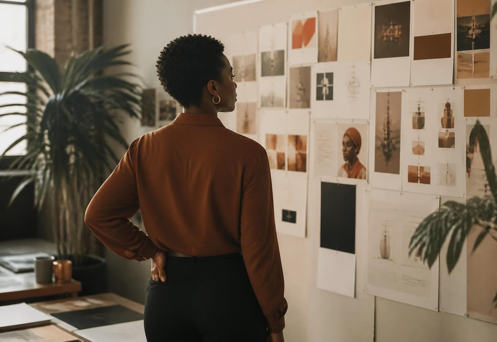 Two creative directors reviewing printed brand boards pinned to a studio wall