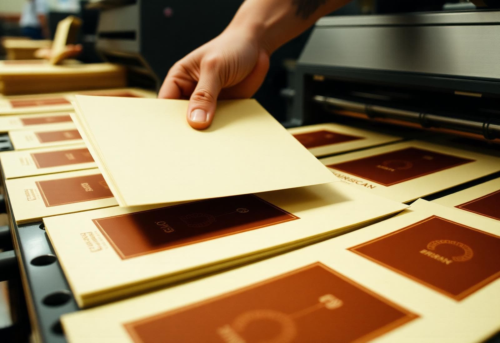 Freshly printed sheets lifted from the press